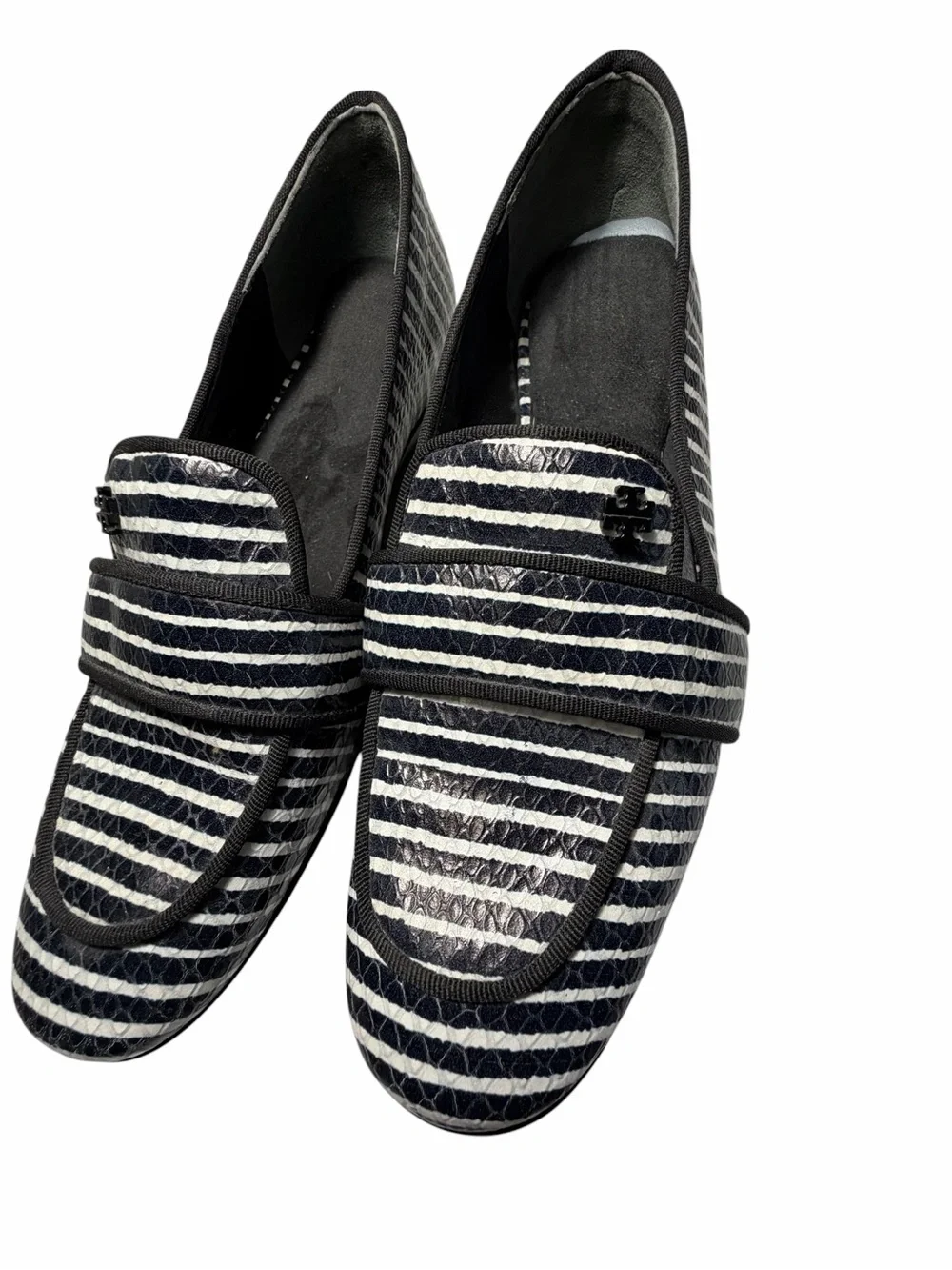 Tory Burch Evette Penny Loafers Striped Black & White Leather Loafers Sz 5.5